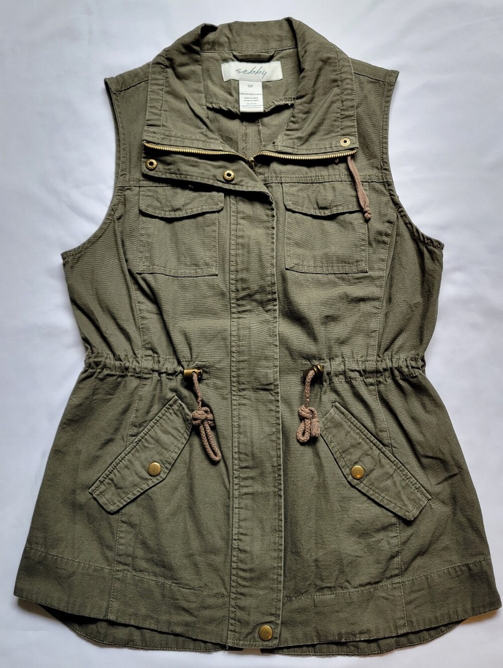 Sebby Womens Small Olive Green Utility Vest Sleeveless Pockets Drawstring Waist